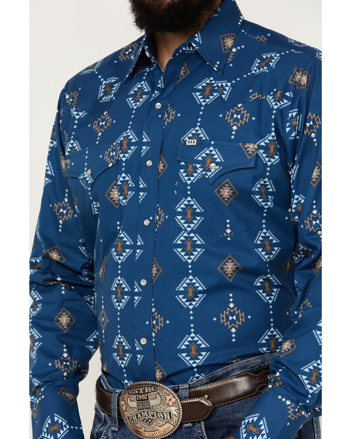Image #3 - Ely Walker Men's Southwestern Print Long sleeve Pearl Snap Western Shirt, Indigo, hi-res
