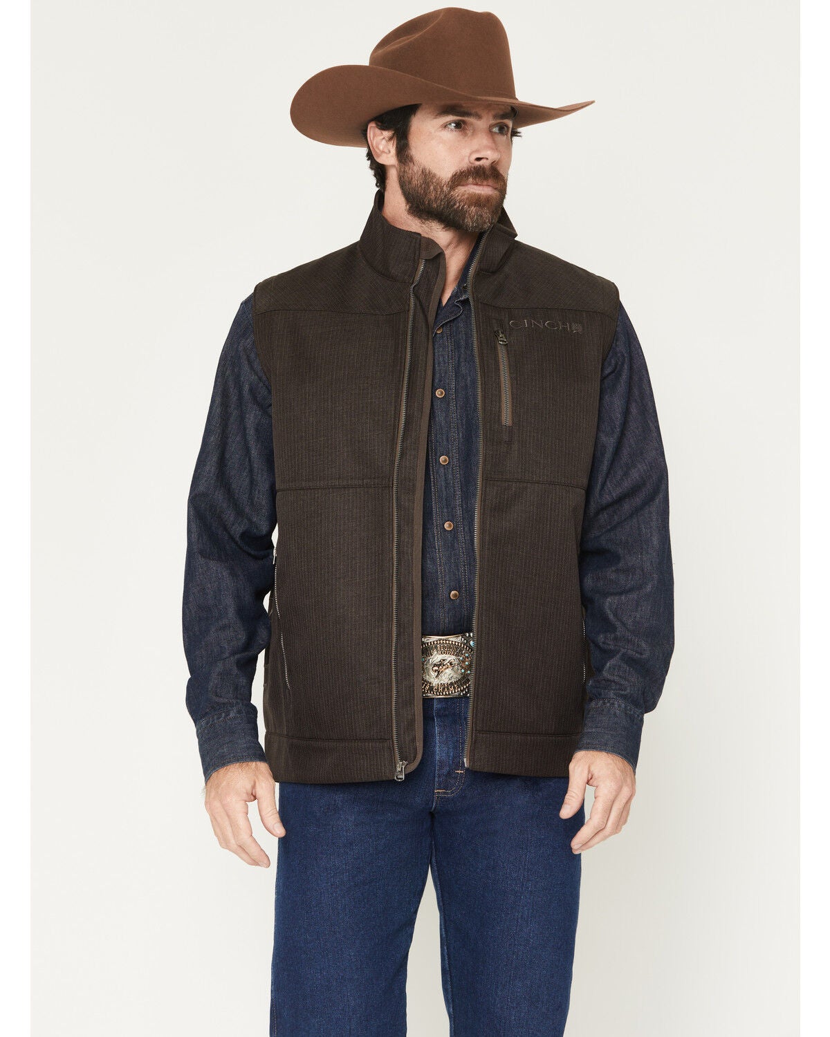 Cinch Men's Bonded Softshell Vest, Brown, hi-res