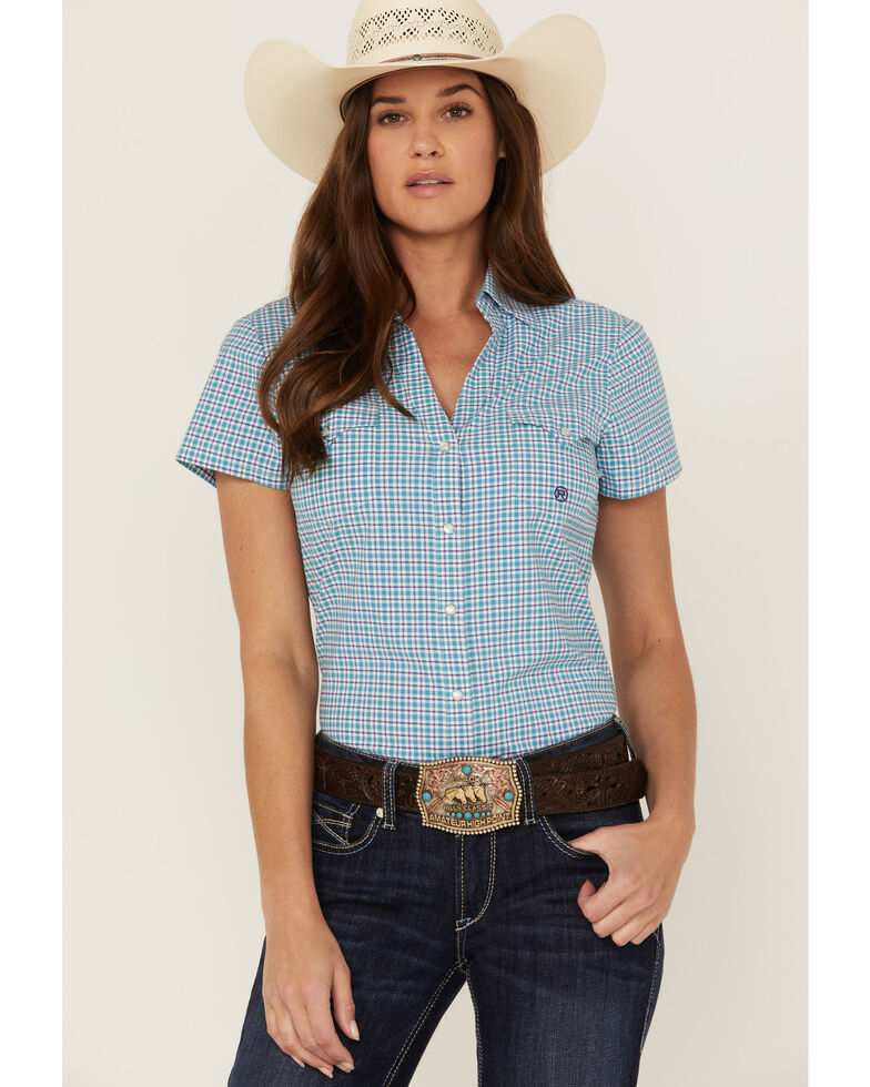 Roper Women's Amarillo Plaid Print Short Sleeve Snap Stretch Western Shirt, Blue, hi-res