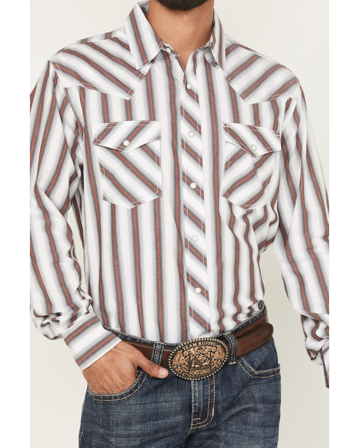 Image #3 - Wrangler 20X Men's Striped Print Long Sleeve Snap Stretch Western Shirt, White, hi-res