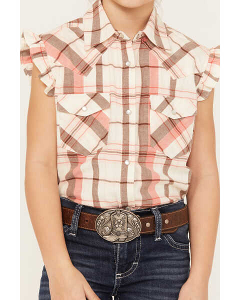 Image #3 - Shyanne Girls' Plaid Print Ruffle Sleeve Western Pearl Snap Shirt, Cream, hi-res