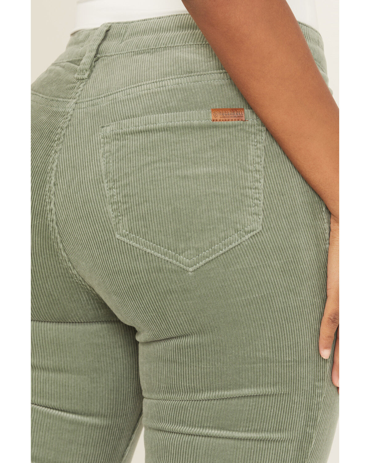 Image #4 - Rock & Roll Denim Women's High Rise Bargain Corduroy Button Flare Jeans, Green, hi-res