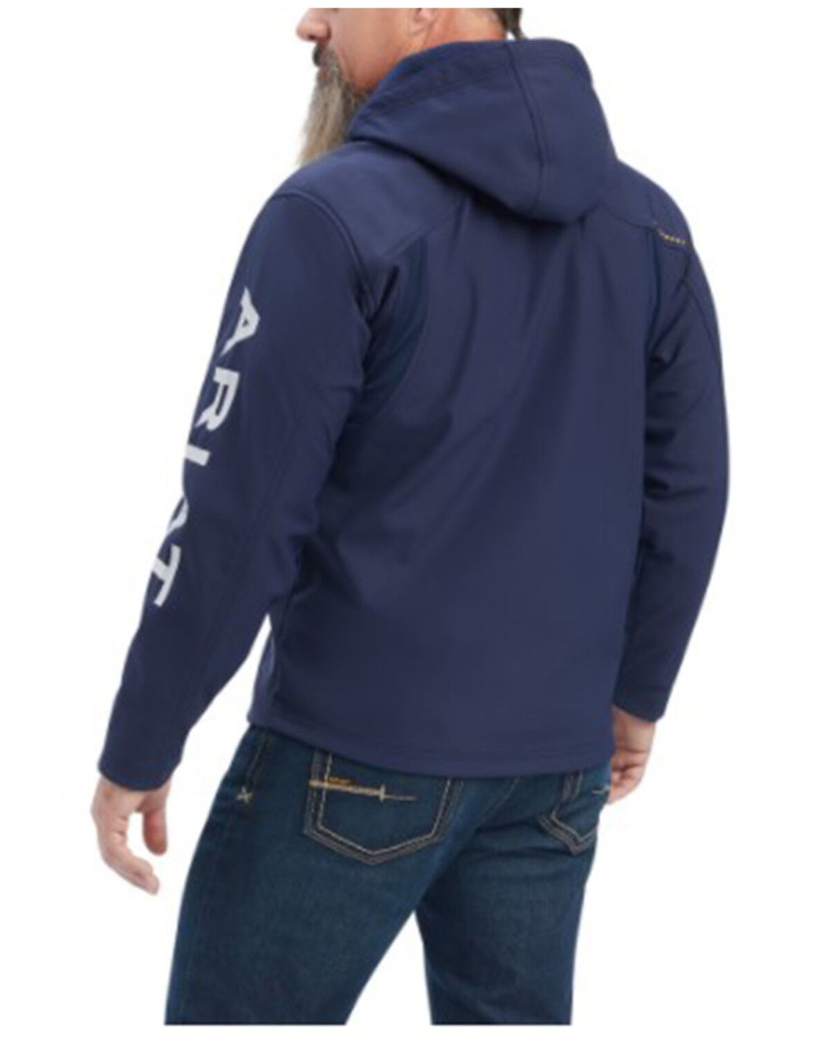 Image #2 - Ariat Men's Rebar Stretch Canvas Logo Zip-Front Hooded Softshell Work Jacket, Navy, hi-res
