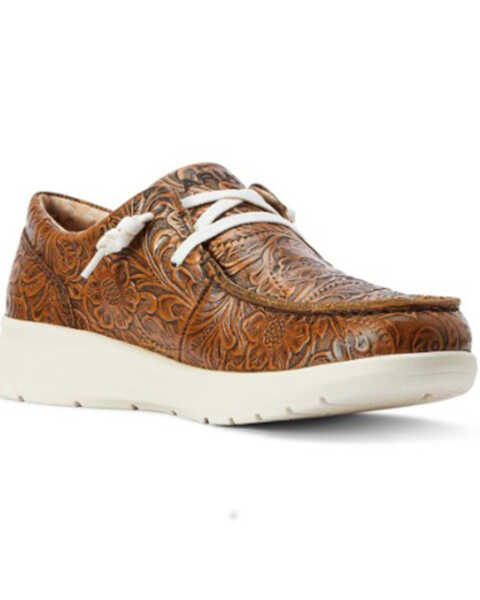 Ariat Women's Floral Embossed Lace-Up Casual Hilo Shoe - Moc Toe , Brown, hi-res