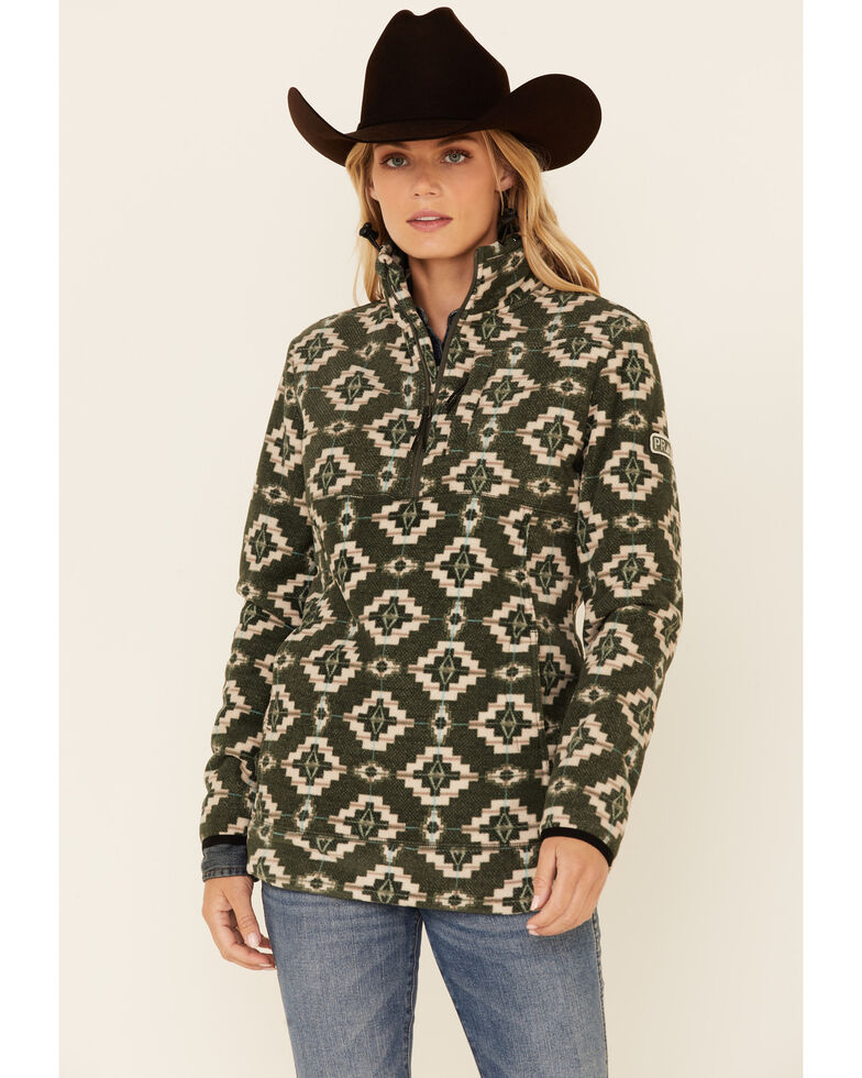 Powder River Outfitters Women's Olive Southwestern Print 1//4 Zip Fleece Pullover , Olive, hi-res