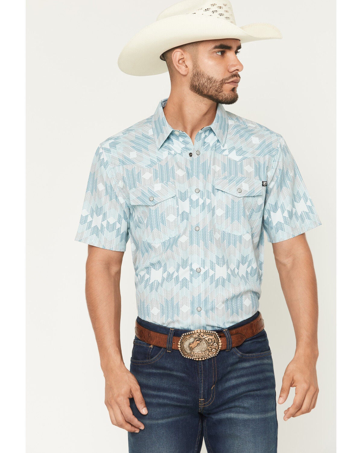 Image #1 - RANK 45&reg; Men's Pioneer Trail Southwestern Print Short Sleeve Snap Performance Western Shirt, Mint, hi-res