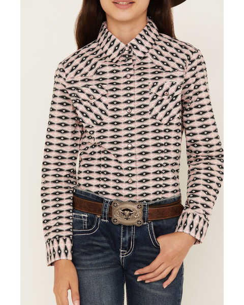Image #3 - Cruel Girl Girls' Geo Print Long Sleeve Western Snap Shirt , Pink, hi-res