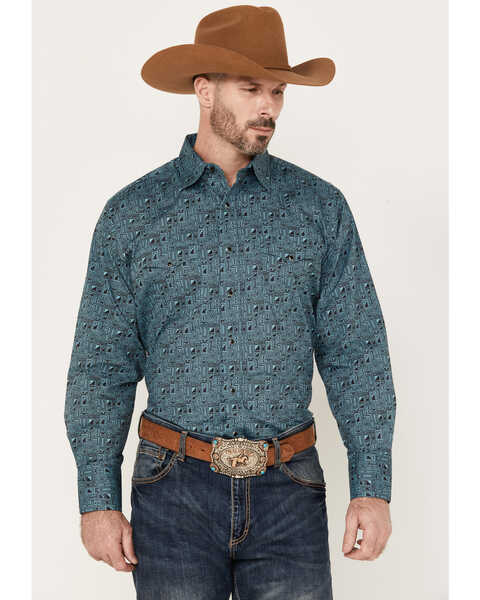 Wrangler Men's Abstract Geo Print Long Sleeve Snap Western Shirt, Teal, hi-res
