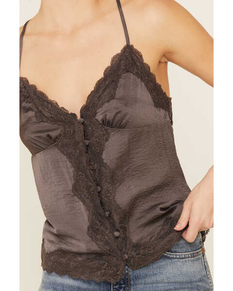 Image #3 - Wishlist Women's Satin Lace Button Front Tank Top, Charcoal, hi-res