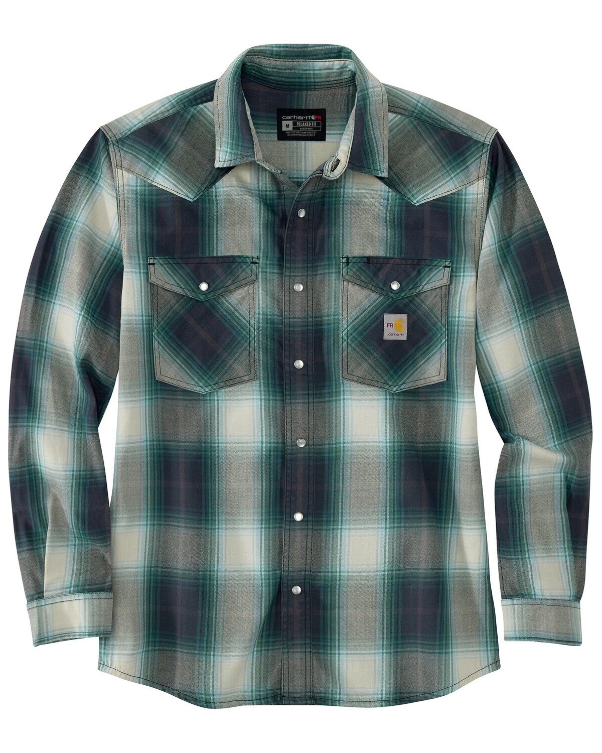 Image #3 - Carhartt Men's FR Montana Plaid Print Relaxed Fit Midweight Twill Long Sleeve Snap Work Shirt, Navy, hi-res