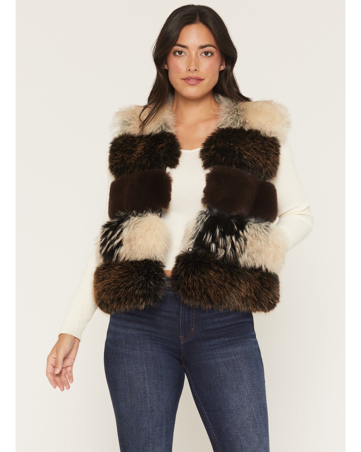 Image #1 - Azalea Wang Women's Faux Fur Striped Vest, Brown, hi-res
