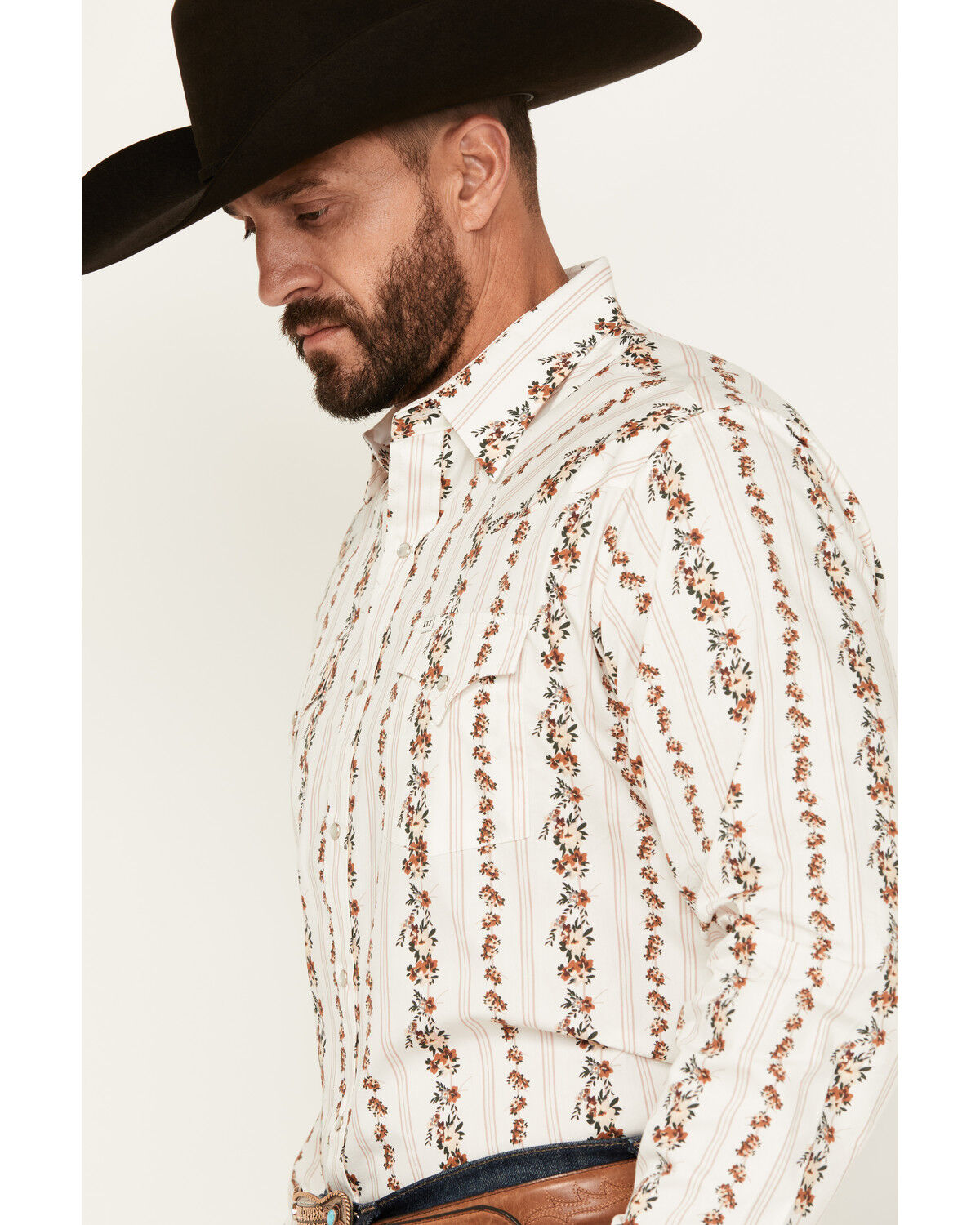 Image #2 - Ely Walker Men's Floral Striped Long Sleeve Pearl Snap Western Shirt, Cream, hi-res