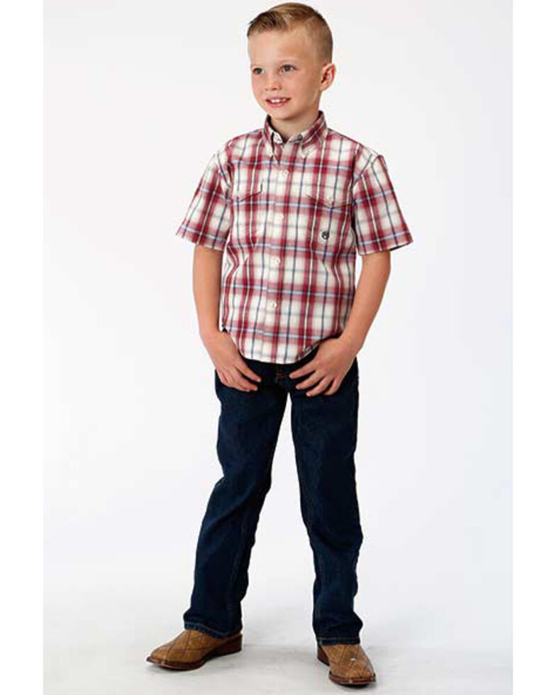  Amarillo Boys' Vintage Plaid Button Short Sleeve Western Shirt , Red, hi-res