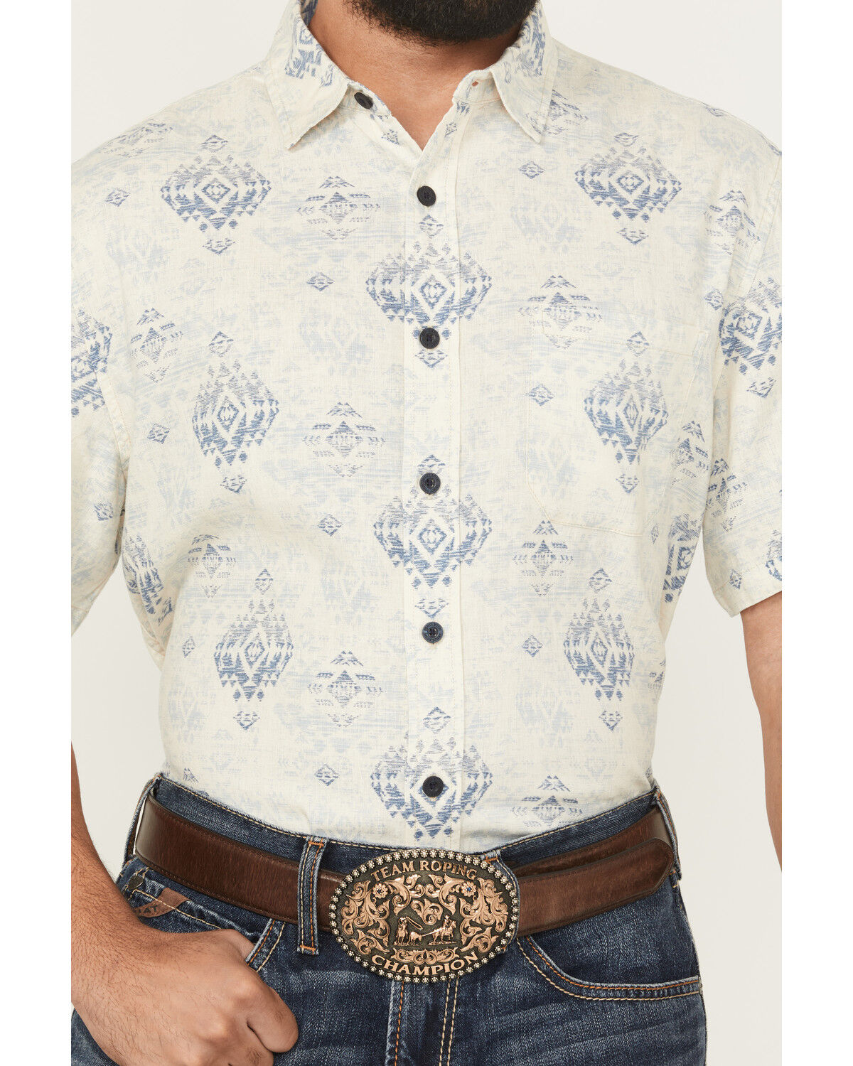Image #3 - Pendleton Men's Dawson Linen Medallion Print Short Sleeve Button-Down Western Shirt, Oatmeal, hi-res