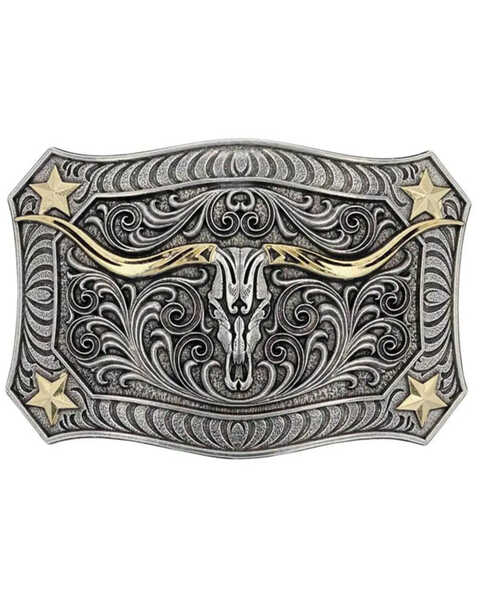 Montana Silversmiths Longhorn Crest Filigree Attitude Belt Buckle, Silver, hi-res