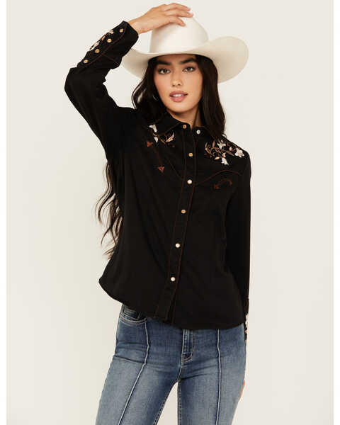 Scully Women's Floral Embroidered Long Sleeve Pearl Snap Western Shirt , Black, hi-res