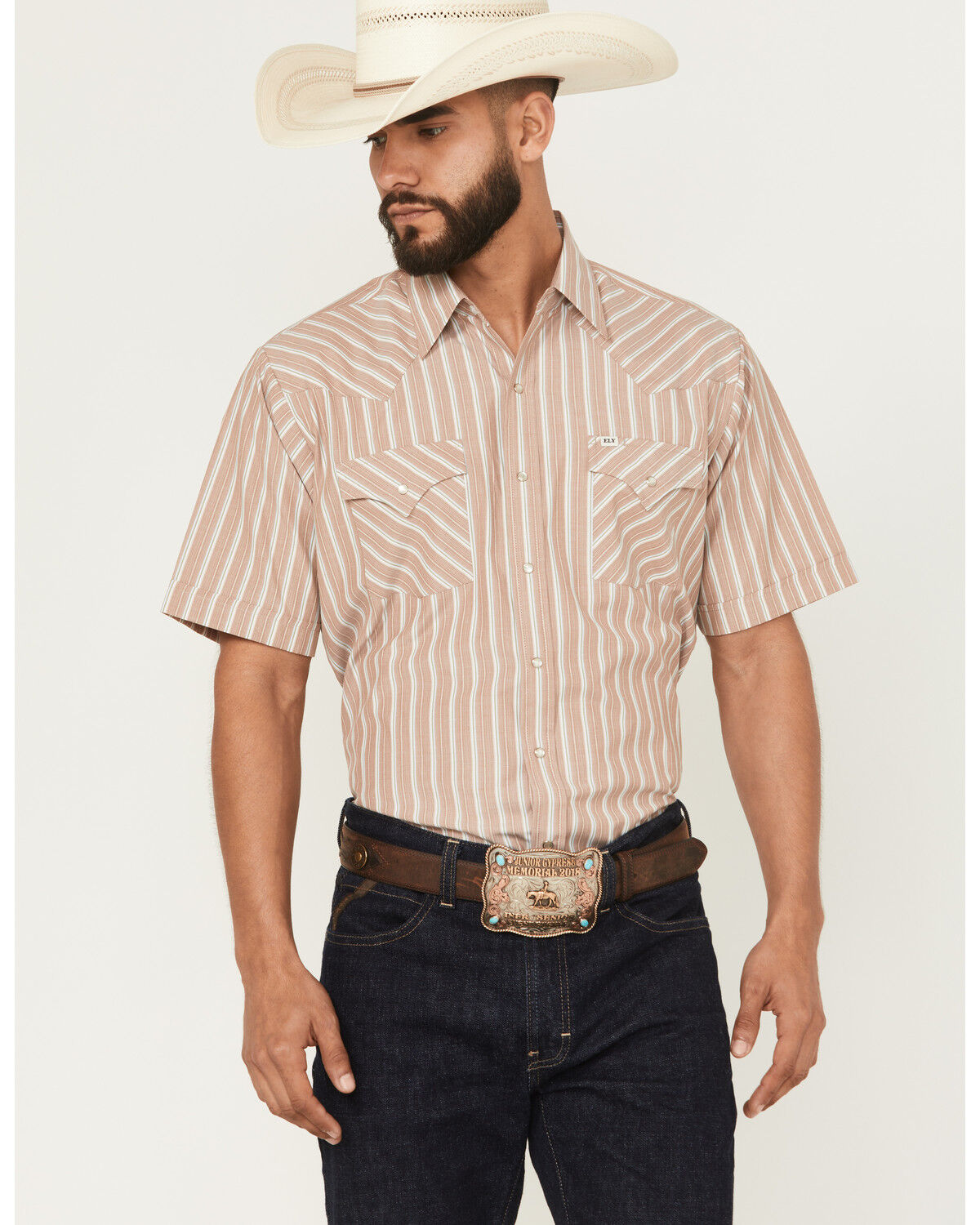 Image #1 - Ely Walker Men's Striped Short Sleeve Pearl Snap Western Shirt, Tan, hi-res