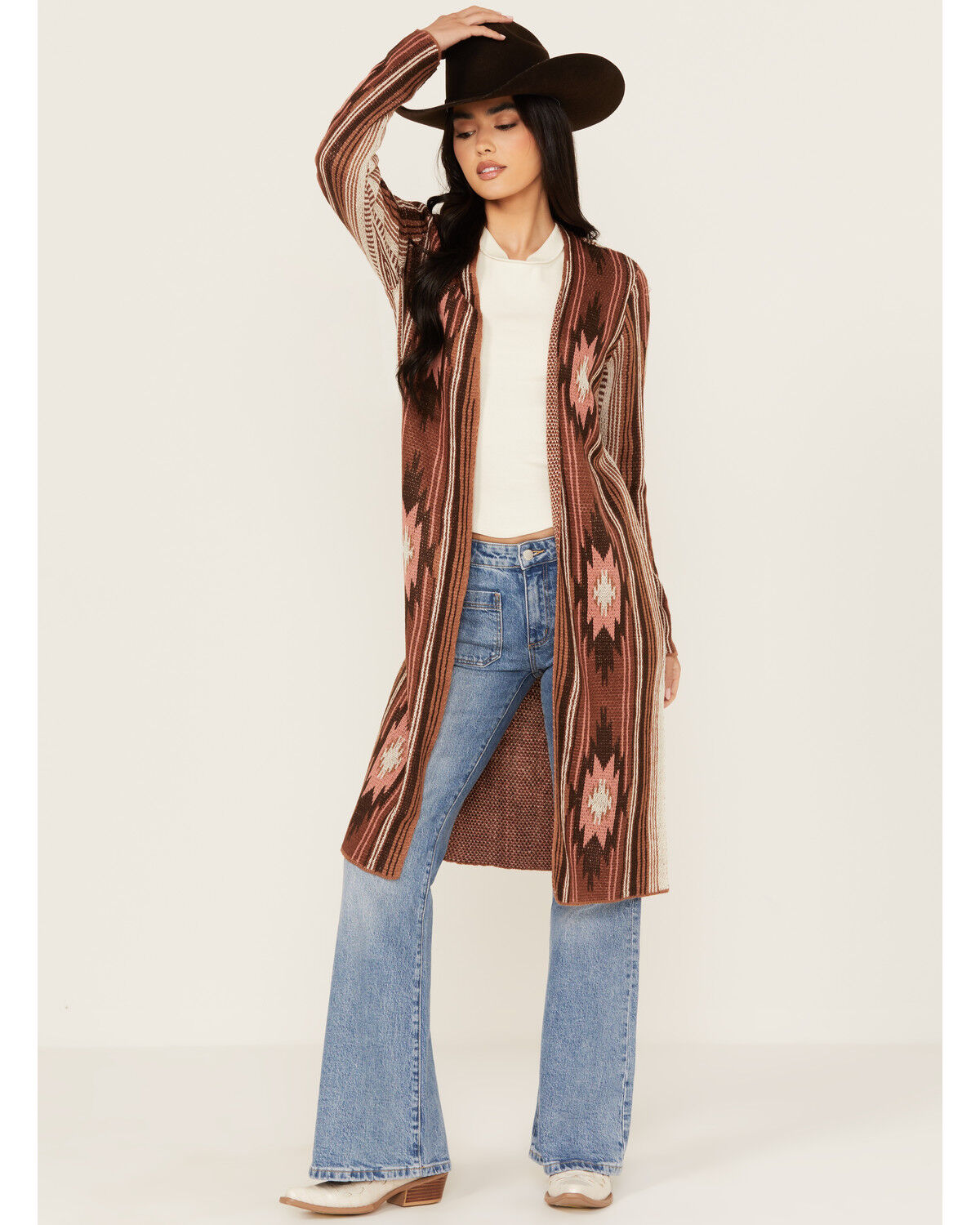 Image #1 - Rock & Roll Denim Women's Southwestern Print Long Sleeve Duster, Brown, hi-res