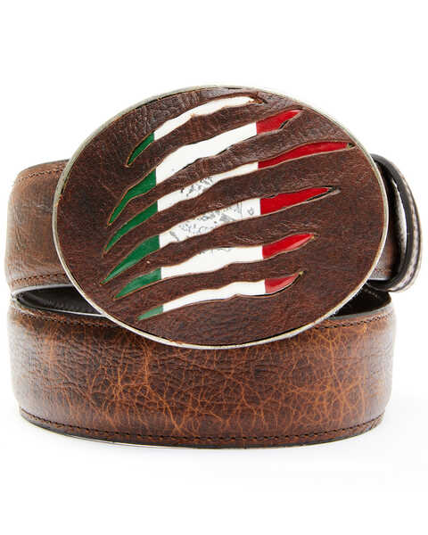 Cody James Men's Mexican Flag Slash Brown Leather Belt, Brown, hi-res