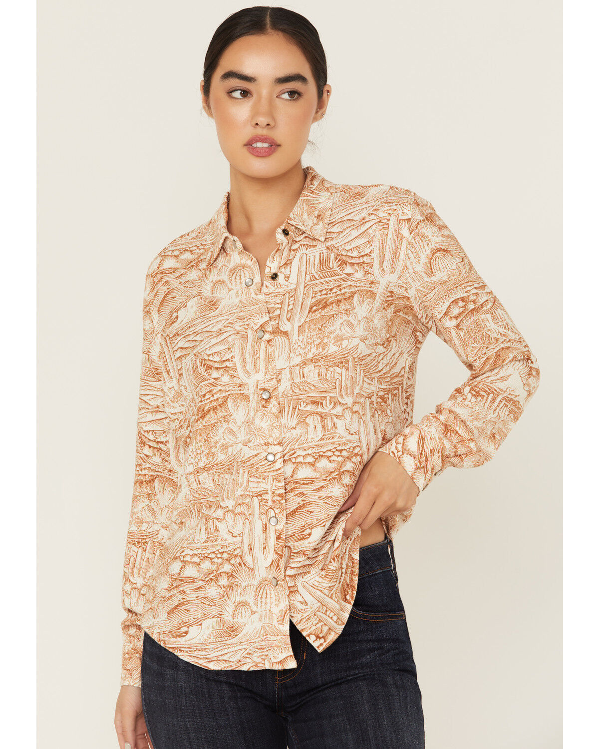 Image #1 - Idyllwind Women's Rockwall Conversation Print Feather Light Long Sleeve Pearl Snap Western Shirt, Caramel, hi-res