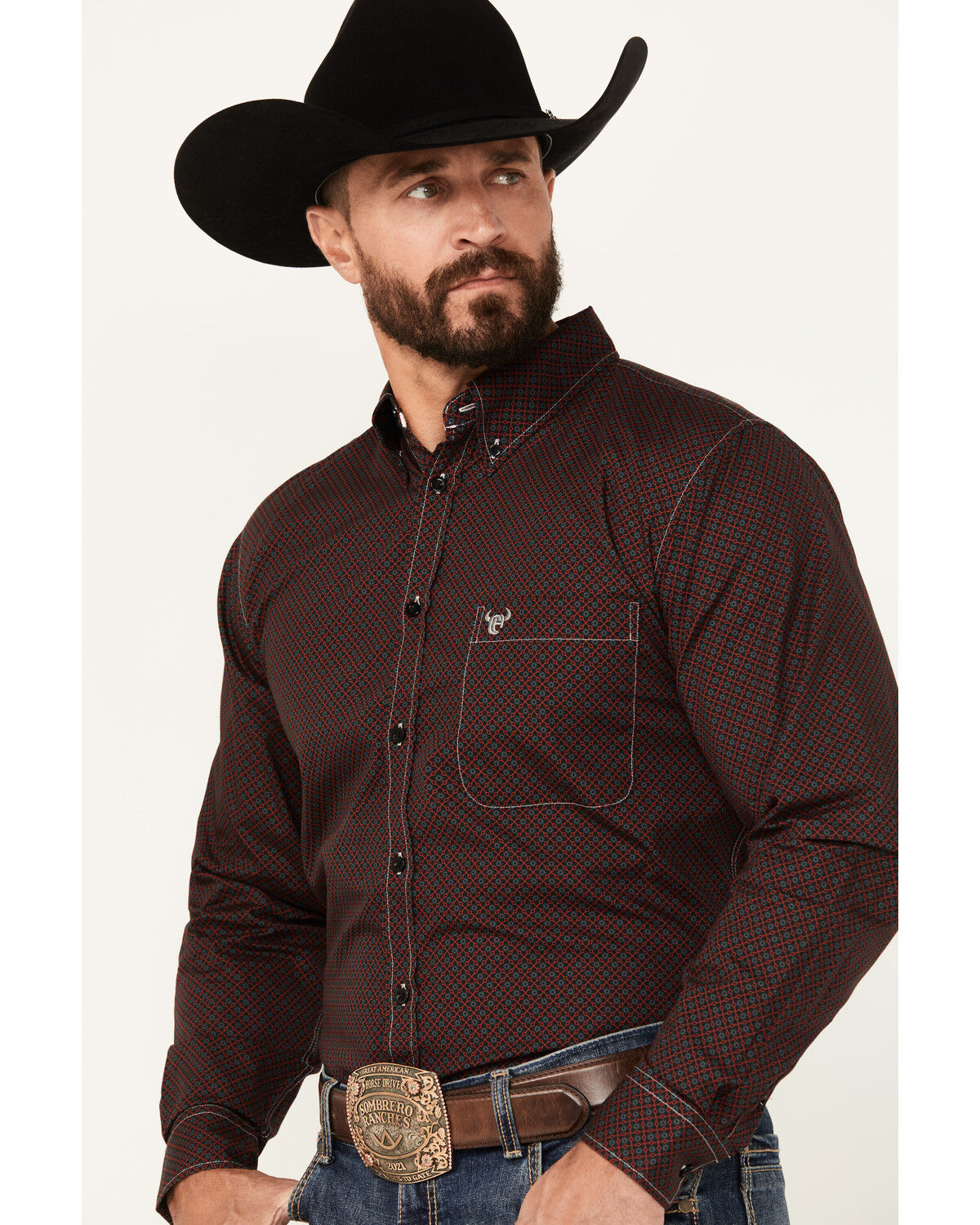 Image #2 - Cowboy Hardware Men's Geo Print Long Sleeve Button-Down Western Shirt, Burgundy, hi-res