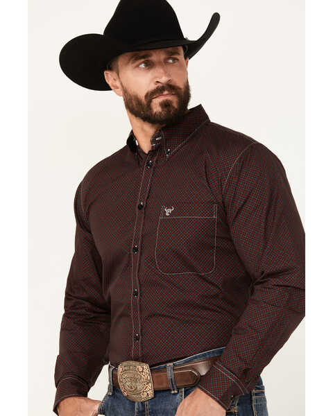Image #2 - Cowboy Hardware Men's Geo Print Long Sleeve Button-Down Western Shirt, Burgundy, hi-res