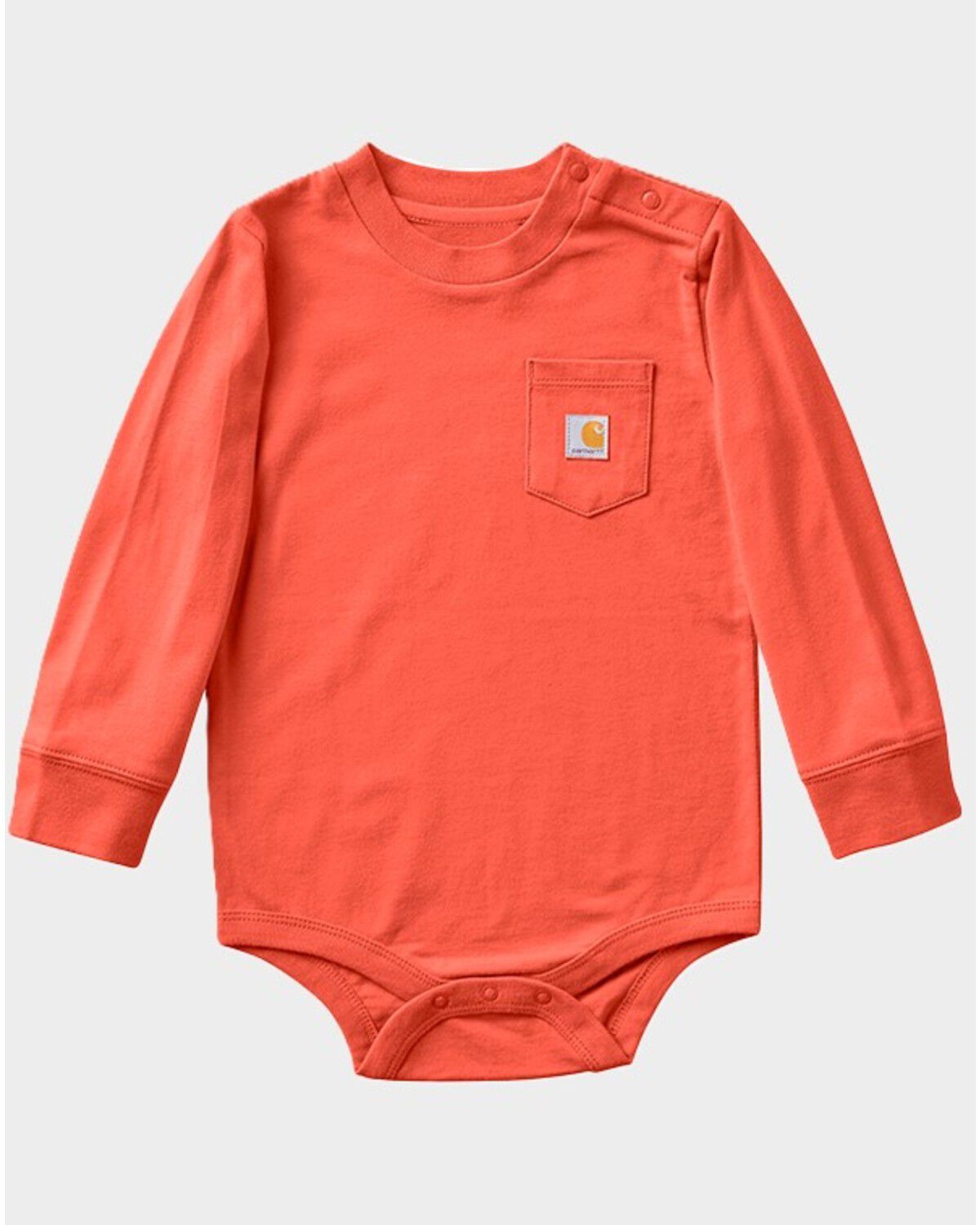 Image #1 - Carhartt Infant Boys' Burnt Brick Long Sleeve Logo Pocket Onesie, Red, hi-res