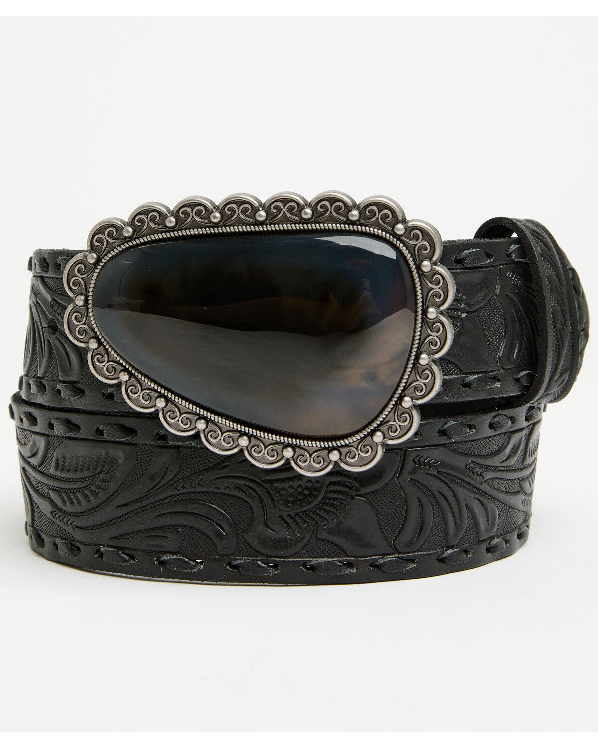 Image #1 - Shyanne Women's Whipstitch Agate Stone Buckle Belt, Black, hi-res