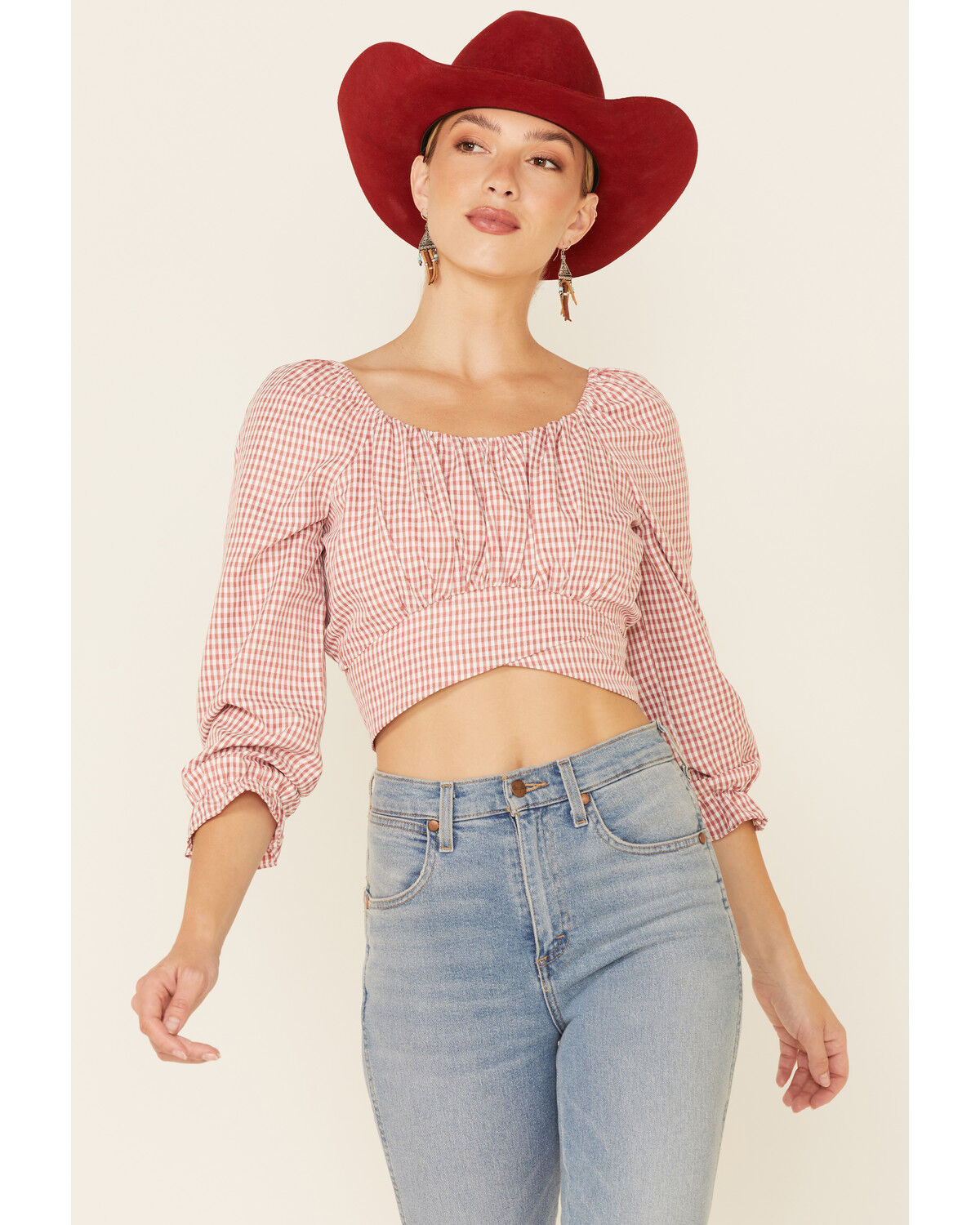 Image #1 - Beyond The Radar Women's Gingham Print Tie Back Crop Top, Rust Copper, hi-res