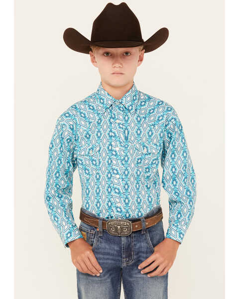 Image #1 - Rock & Roll Denim Boys' Southwestern Print Long Sleeve Pearl Snap Western Shirt, Turquoise, hi-res