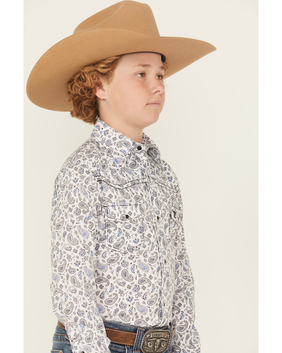 Image #2 - Cowboy Hardware Boys' Paisley Print Long Sleeve Snap Stretch Western Shirt, White, hi-res