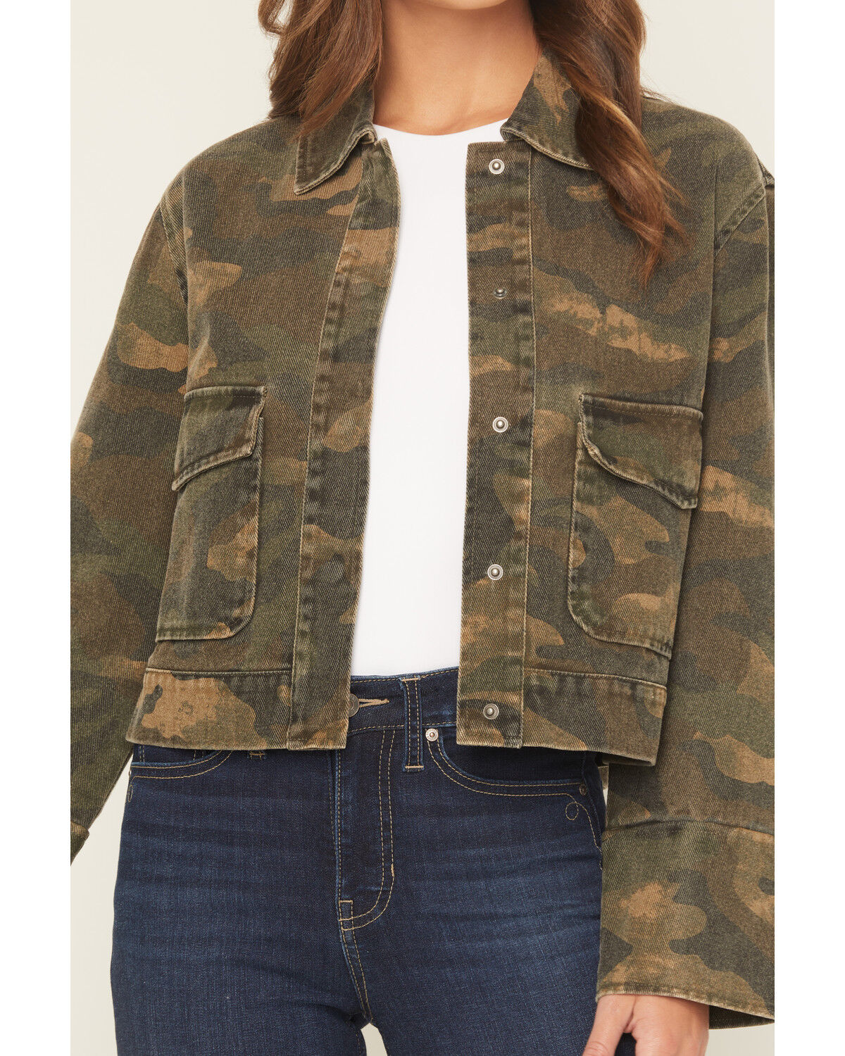 Image #3 - Ashley Women's Camo Print Denim Shacket, Green, hi-res