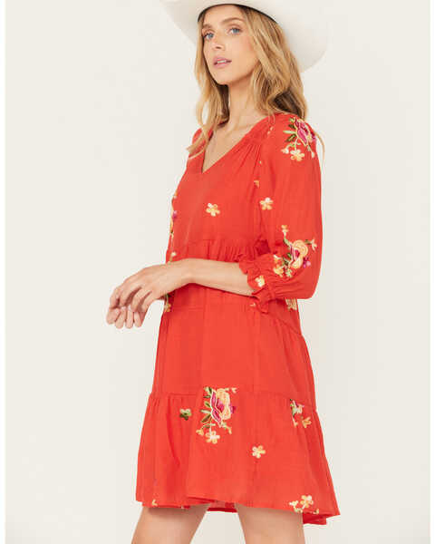 Image #2 - Olive Hill Women's Floral Embroidered Tiered Dress, Red, hi-res