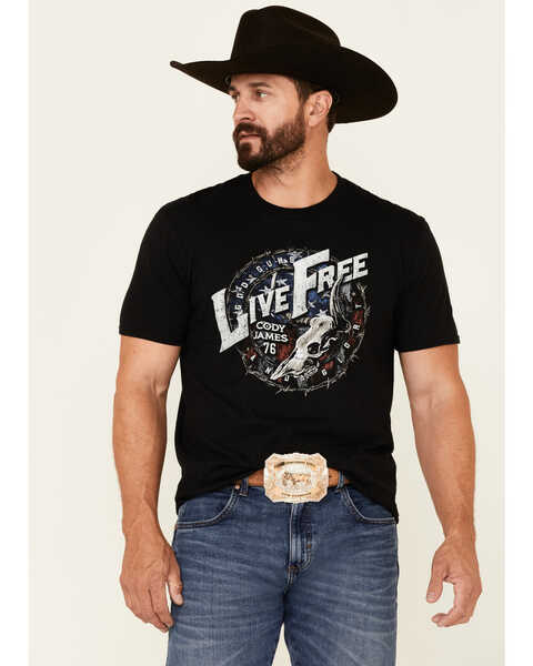 Image #1 - Cody James Men's Live Free Barb Wire Circle Graphic Short Sleeve T-Shirt , Black, hi-res