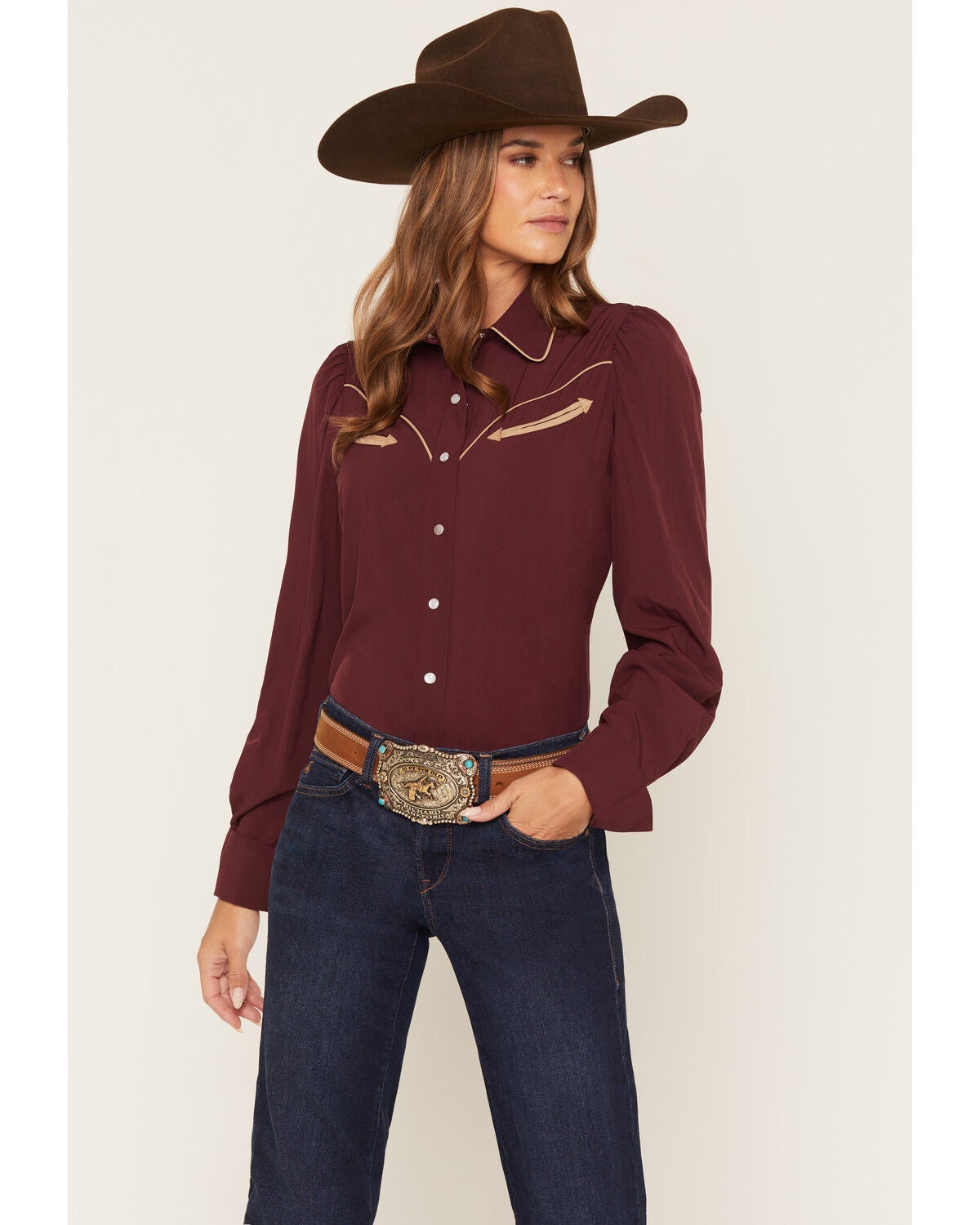 Howdy Hanny Women's Burgandy Solid Long Sleeve Pearl Snap Performance Stretch Western Shirt, , hi-res