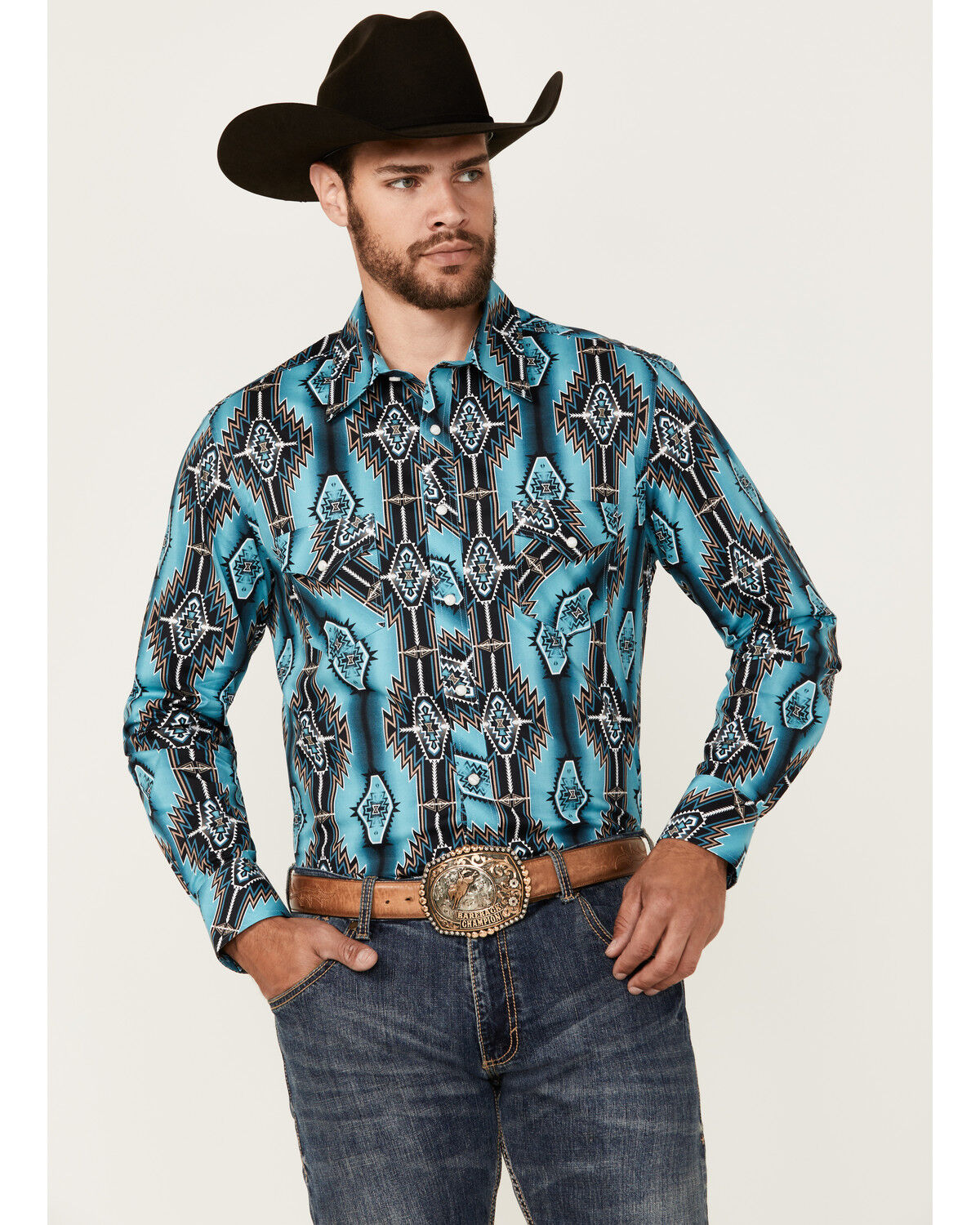 Image #1 - Rock & Roll Denim Men's Southwestern Print Long Sleeve Snap Stretch Western Shirt, Teal, hi-res