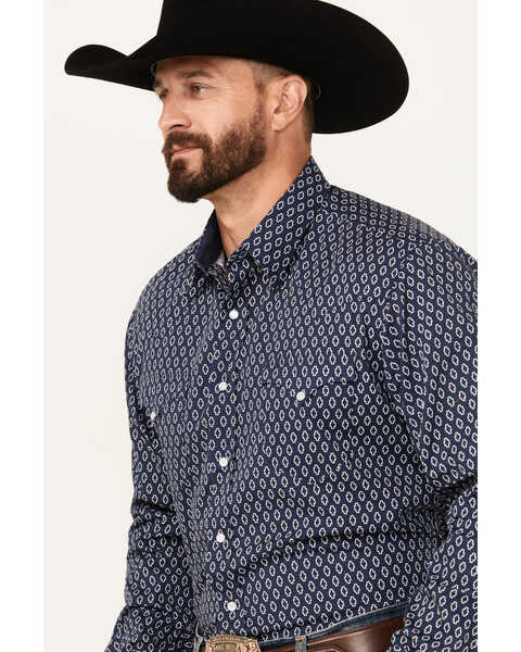 Image #2 - Roper Men's West Made Geo Print Long Sleeve Pearl Snap Western Shirt, Dark Blue, hi-res