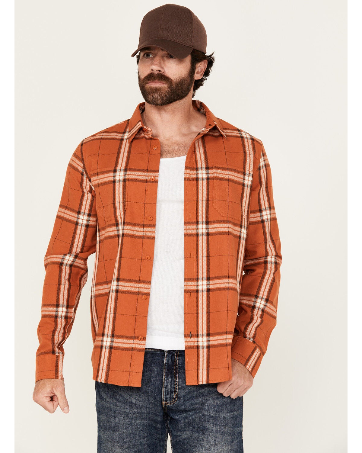 Brothers and Sons Men's Hatch Plaid Print Long Sleeve Button-Down Stretch Western Shirt, Dark Orange, hi-res
