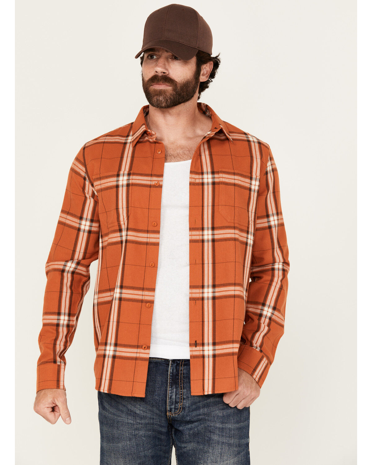 Image #1 - Brothers and Sons Men's Hatch Plaid Print Long Sleeve Button-Down Stretch Western Shirt, Dark Orange, hi-res