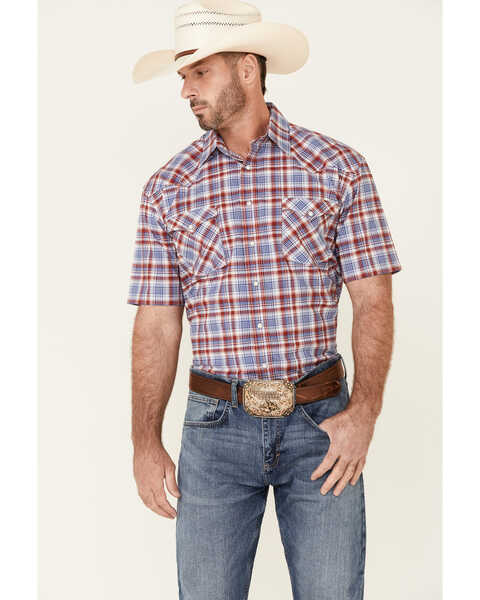 Image #1 - Rough Stock By Panhandle Men's Red Ombre Plaid Short Sleeve Snap Western Shirt , Red, hi-res