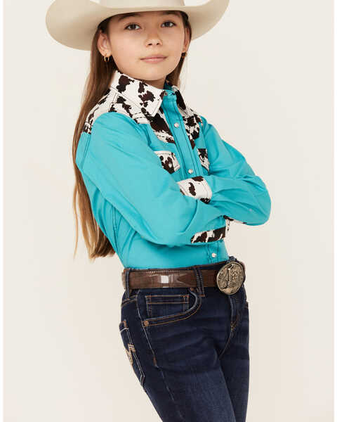 Image #2 - Cowgirl Hardware Girls' Cow Print Yoke Long Sleeve Snap Western Shirt , Turquoise, hi-res