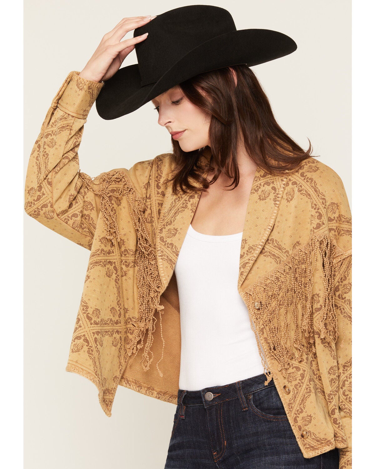 Image #2 - Miss Me Women's Fringe Button Front Short Cardigan, Camel, hi-res