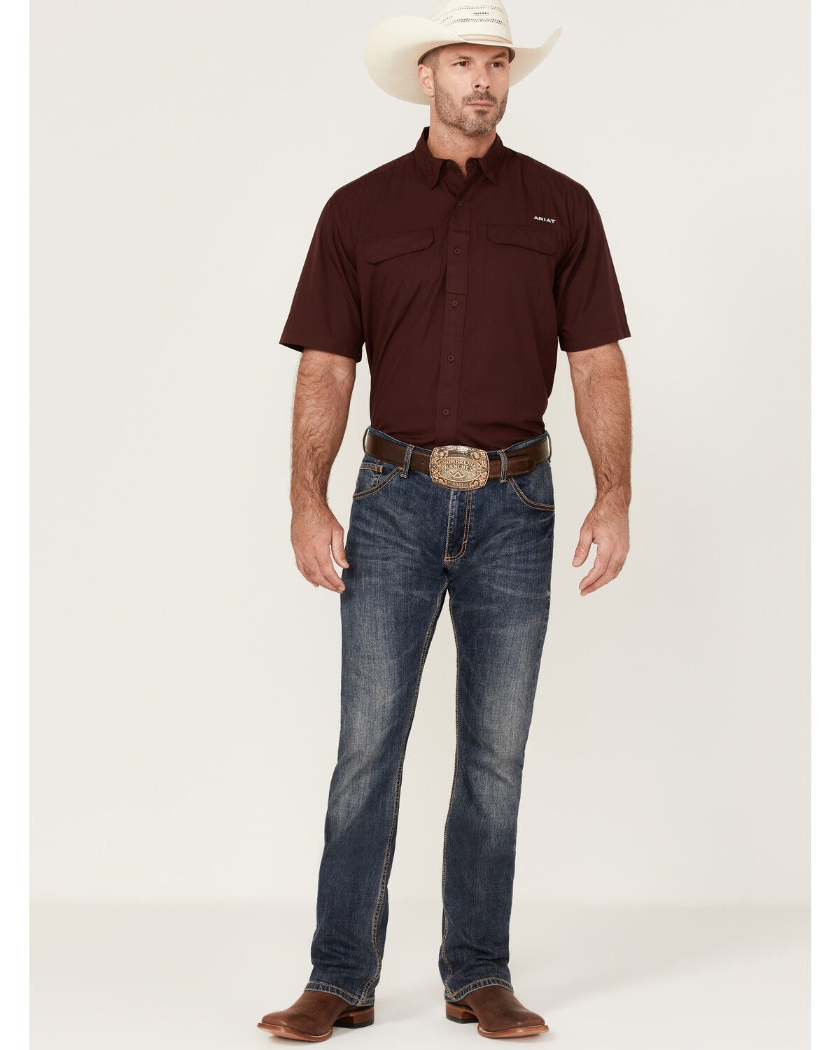 Image #2 - Ariat Men's VentTEK Outbound Short Sleeve Button-Down Shirt - Big, Burgundy, hi-res
