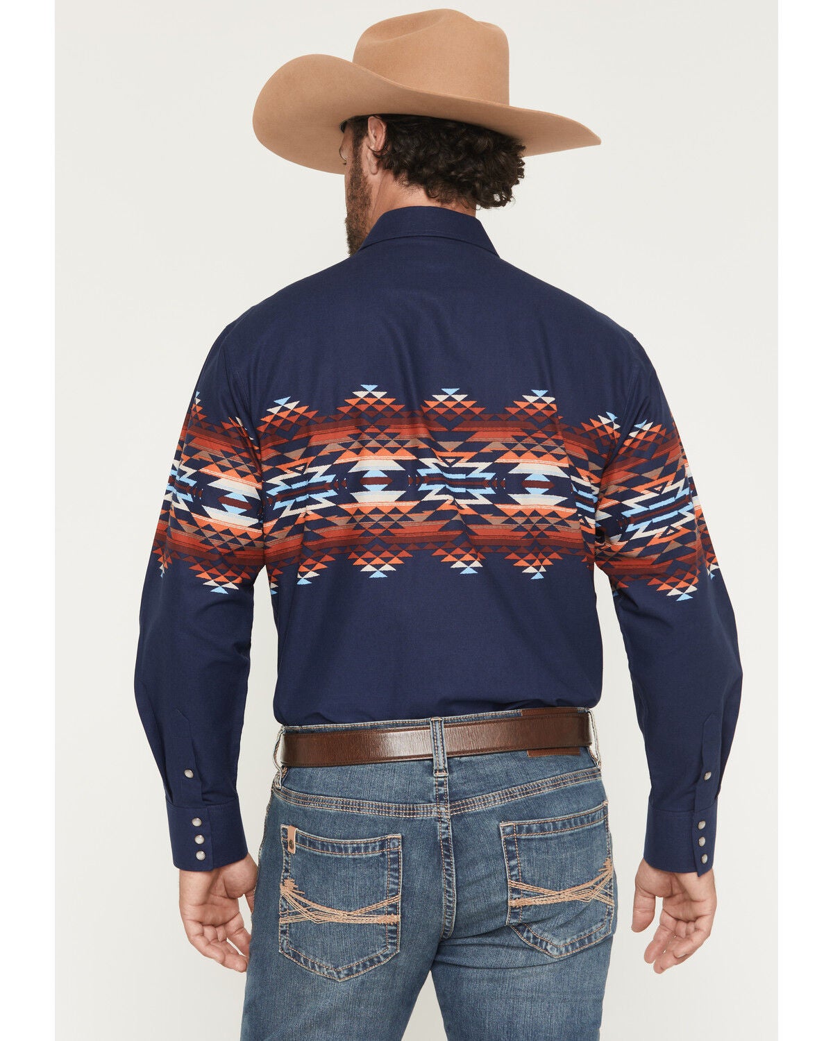 Image #4 - Panhandle Slim Men's Southwestern Border Print Long Sleeve Pearl Snap Western Shirt, Navy, hi-res