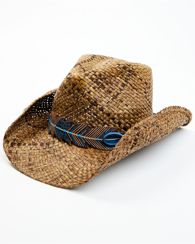 Shyanne Women's Plumazles Brown Leaf Band Raffia Straw Western Hat , Brown, hi-res