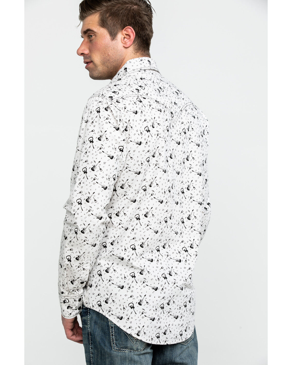Image #2 - Rock & Roll Denim Men's Washed Guitar Print Long Sleeve Western Shirt, Black, hi-res