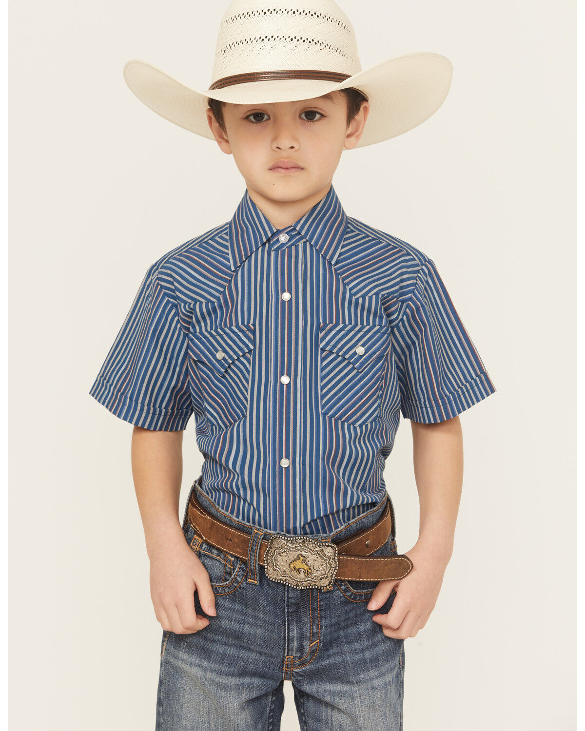 Image #1 - Ely Walker Boys' Striped Short Sleeve Pearl Snap Western Shirt, Navy, hi-res