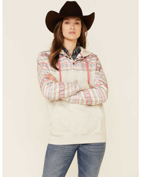HOOey Women's Southwestern Print Button Down Hooded Pullover, Oatmeal, hi-res