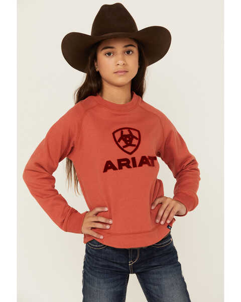 Image #1 - Ariat Girls' Benicia Felt Logo Sweatshirt, Rust Copper, hi-res