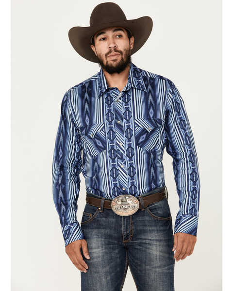 Image #1 - Rock & Roll Denim Men's Southwestern Striped Print Long Sleeve Snap Stretch Western Shirt, Blue, hi-res
